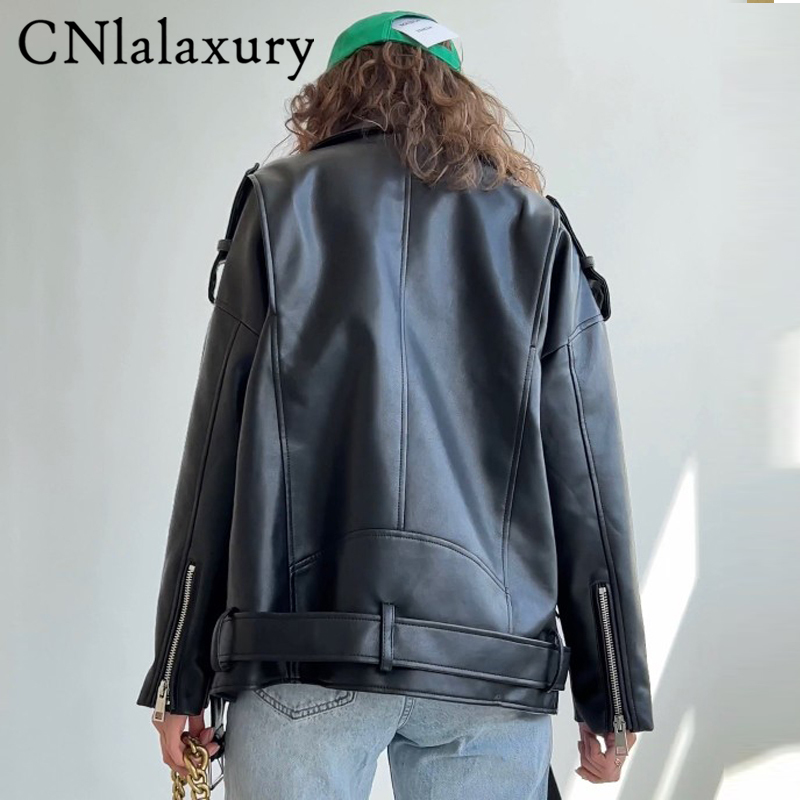 Cuir pour hommes Faux CNlalaxury Veste Femmes Casual PU Lâche Moto Outwear Femme Streetwear Manteau surdimensionné coréen Chic Printemps 220930