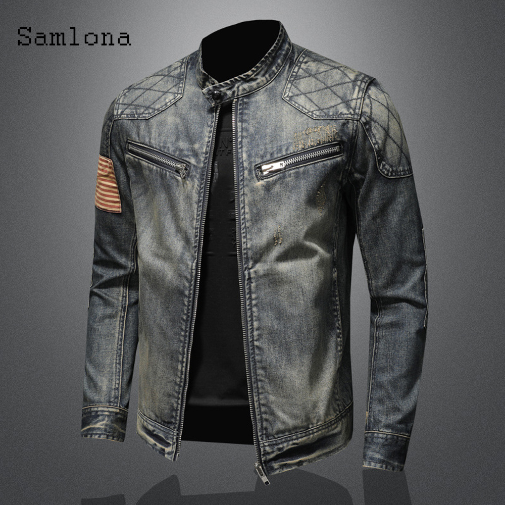 Mens Ceketler Bahar Sonbahar Erkekler Denim Moda İnce Uygun Motocycle Jean Ceket Patchwork Çok Fermuar Seksi Giyim 220930