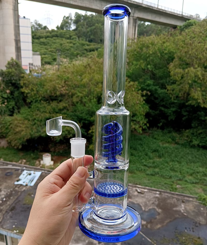 12 inch blauw dikke glazen waterpijpwaterpijpen recycler Bong met veer perc honingraat filters oliebrigs