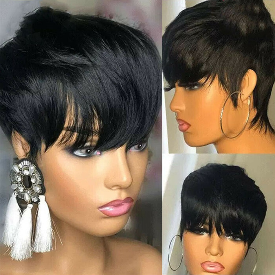 Dantelli peruklar kısa insan saç pixie kesilmiş düz perruque bresillienne siyah kadınlar için patlama ile yapılan makine
