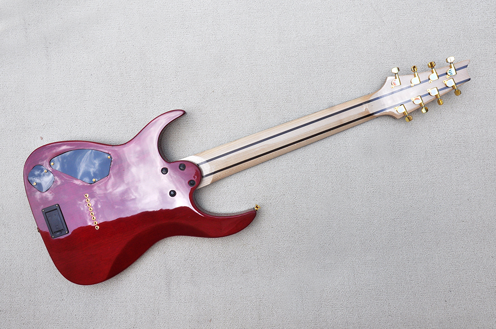 Guitarra elétrica vermelha de 8 cordas personalizada de fábrica com captadores HH Corpo de encadernação colorido Ferragens douradas Fretboard de jacarandá pode ser personalizado