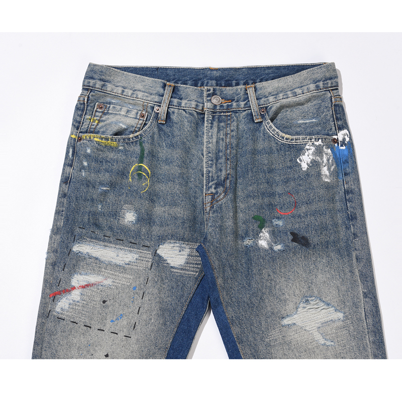 Mäns jeans blå tvättade förstörda blossade byxor hiphop graffiti rippade för män kvinnor streetwear vintage lapptäcke brett 220930