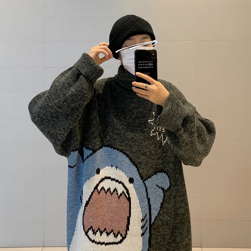 Мужские свитеры водолазки Shark Sweater Winter Patchwor Harajuku в корейском стиле высокая шея Негабаритная серая палочка для одежды 220930