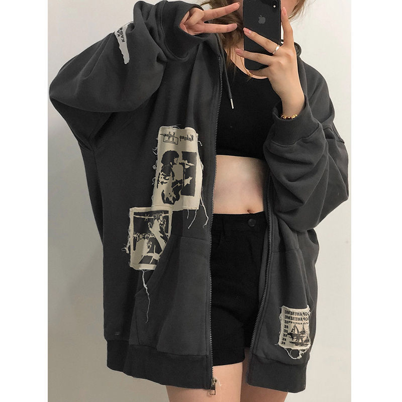 Damen Hoodies Sweatshirts Emo Frauen Alt Punk Hoodie Zip Up Grunge Ästhetische Jacke Vintage Streetshirt Harajuku Graffiti Y2K Zipper Kleidung 220930