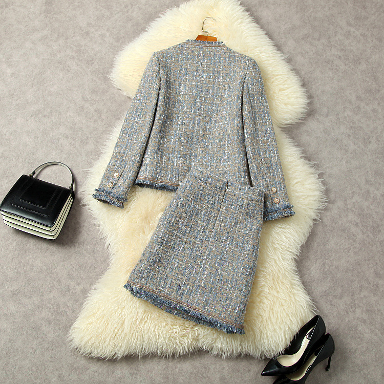 2022 Autumn Gray Contrast Color Two Piece Dress Sets Long Sleeve Round Neck Tweed Single-breasted Coat & High Waist Tassel Short Skirt Suits Set L2S262242