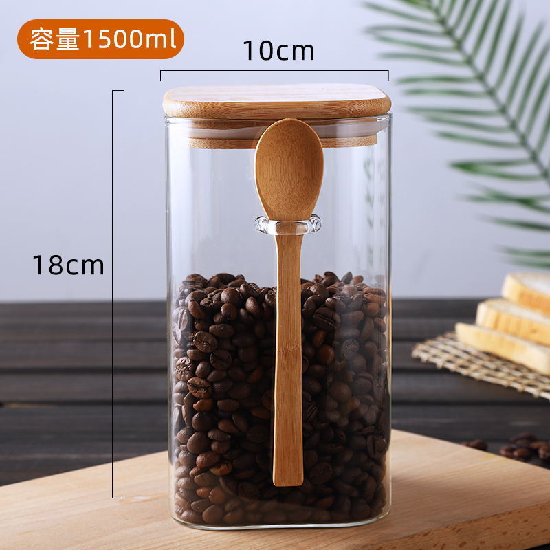 Storage Bottles Jars Japanese Style Square Glass Sealed Jar with Wooden Spoon Seasoning Box Coffee Bean Cans Household Milk Powder Tea 220930