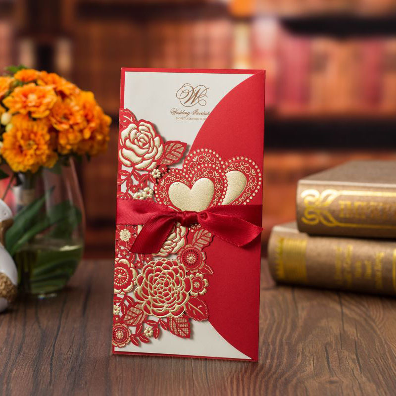 Karty pozdrowienia laserowe zaproszenia ślubne Karta Rose Love Heart Dostosuj koperty za pomocą wstążki zaopatrzenia 220930