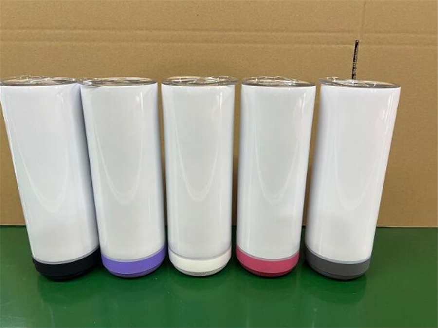 US warehouse Small Pack 20oz Sublimation Bluetooth Speaker Tumbler Blank Design Cup White Portable Wireless Speakers Travel Mug Smart Music Cups Straw