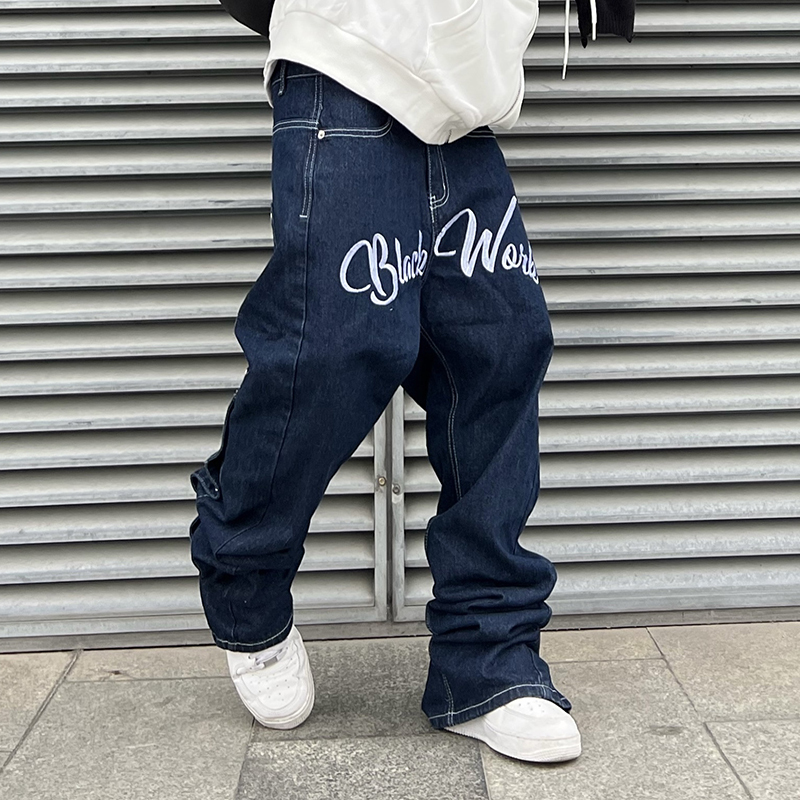 Herr jeans high street brev broderi lösa raka byxor bred ben baksida knapp casual retro denim byxor överdimensionerade 220930