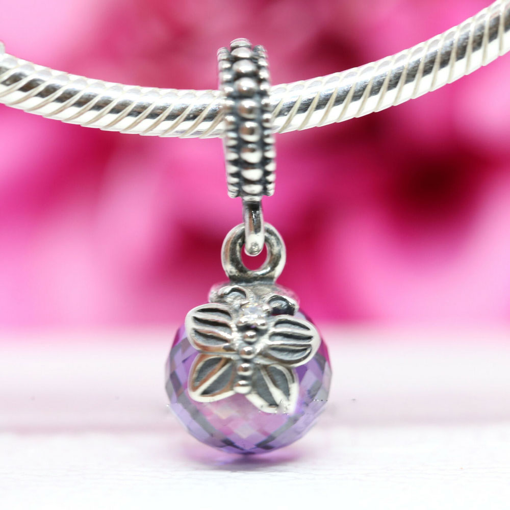 925 Sterling Silver Purple Morning Butterfly Dangle Charm Bead Fits European Pandora Style Jewel Charm Armband