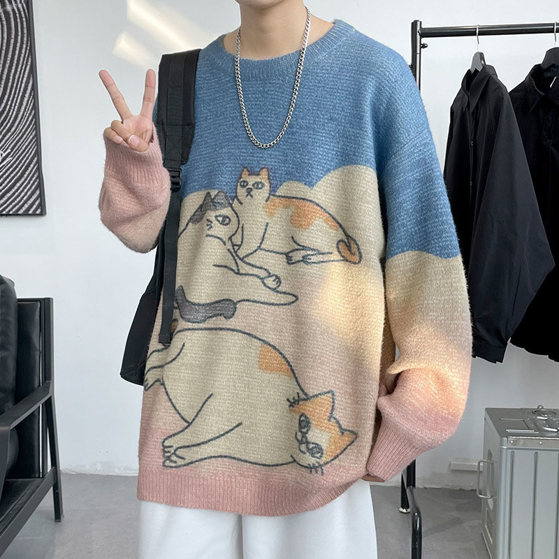 Men's Sweaters Oversized Knitted Mens Harajuku Abstract Pet Cat Pattern Printed Patchwork Jumpers Winter Casual O-Neck Pullover Unisex 220930
