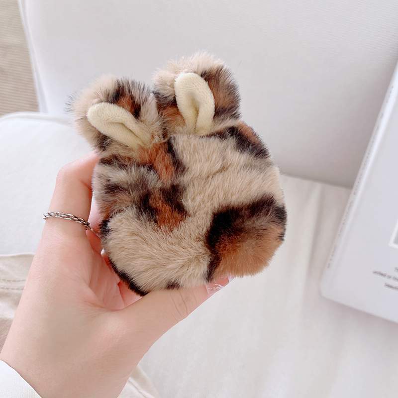 3D Rabbit Ear Fluffy Cases For Airpod 3 1 2 2gen Air pods 3gen Airpods Pro Earphone Protector Fashion PC Hard Animal Lovely Hair Fur Leopard Genuine Warm Winter Covers