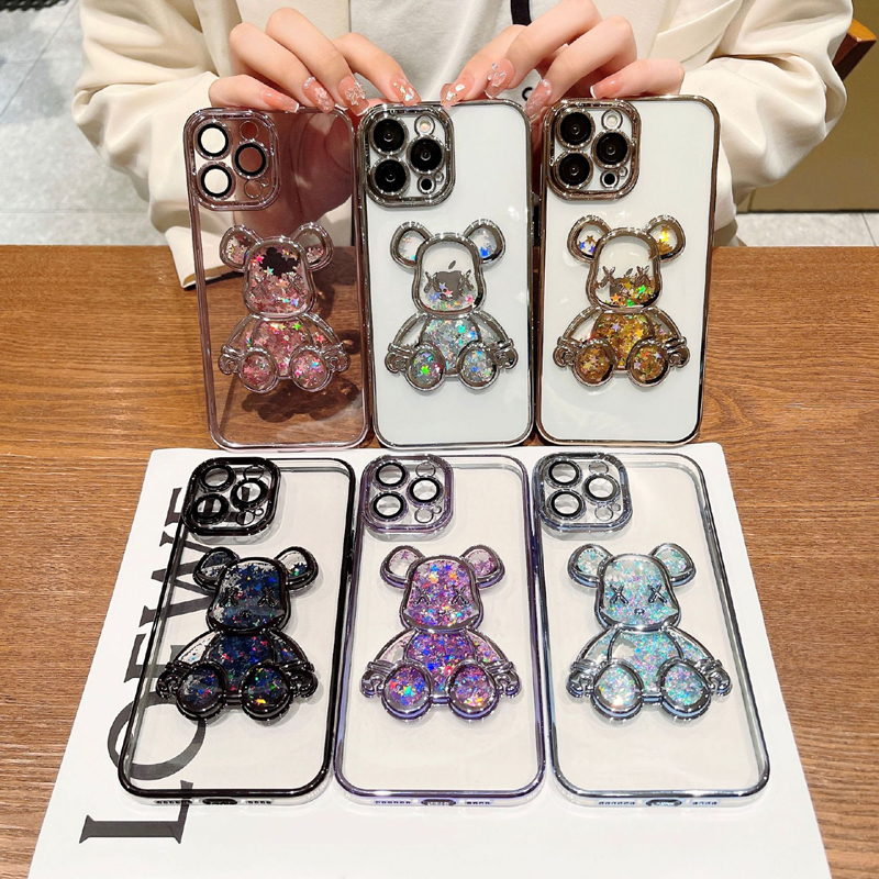 Transparent glitter bling paljetter kvicksand söta björnfodral för iPhone 14 13 12 11 Pro Max XS XR X iPhone14 Clear Silicone Covers