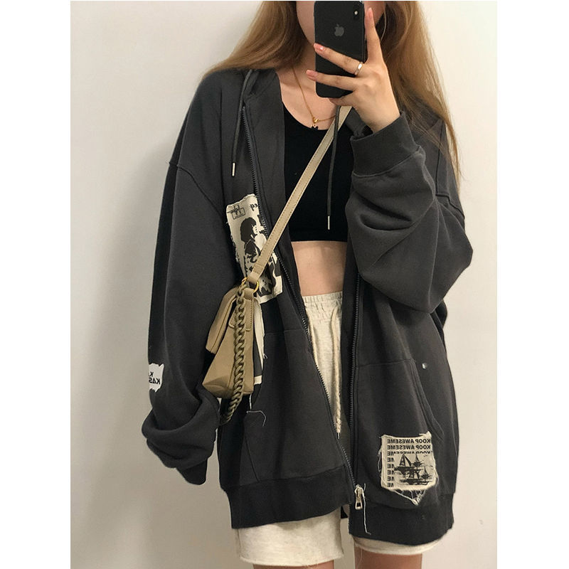 Damen Hoodies Sweatshirts Emo Frauen Alt Punk Hoodie Zip Up Grunge Ästhetische Jacke Vintage Streetshirt Harajuku Graffiti Y2K Zipper Kleidung 220930