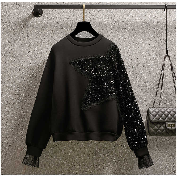 Women's Hoodies Sweatshirts Kawaii Cotton Star Long Sleeve Lace Patchwork Sweatershirts Harajuku Hoodie Aesthetic Women Black O Neck Sequins Hoodies Winter