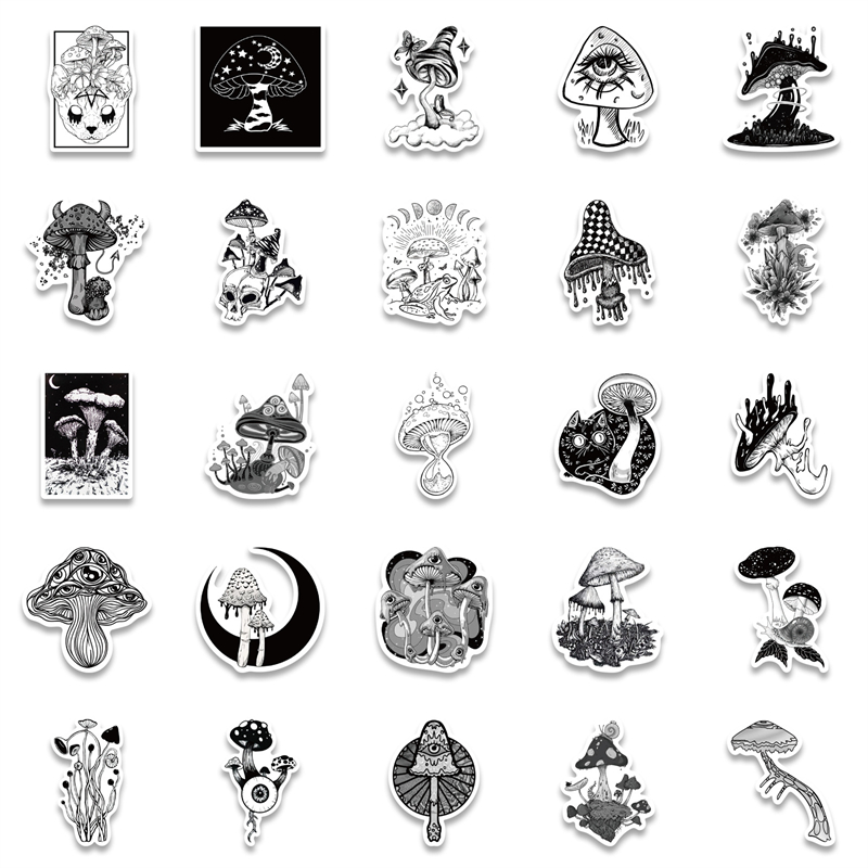 Black and White Gothic Mushroom Stickers for Skateboard Cool Waterproof Decal