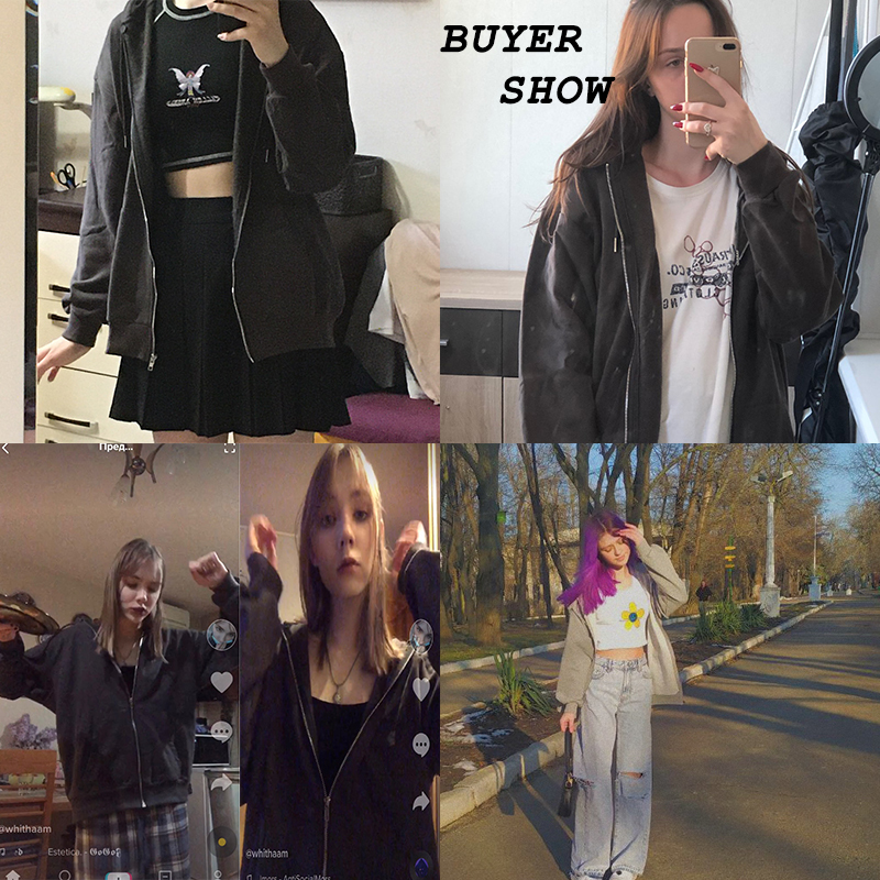 Bluzy bluzy bluzy damskie odważne odcień indie 90S STREETWEAR Fashion Kobiety Grunge Unicolor Long Rleeve Pockets Zapip Y2K Hoody Owewear 220930