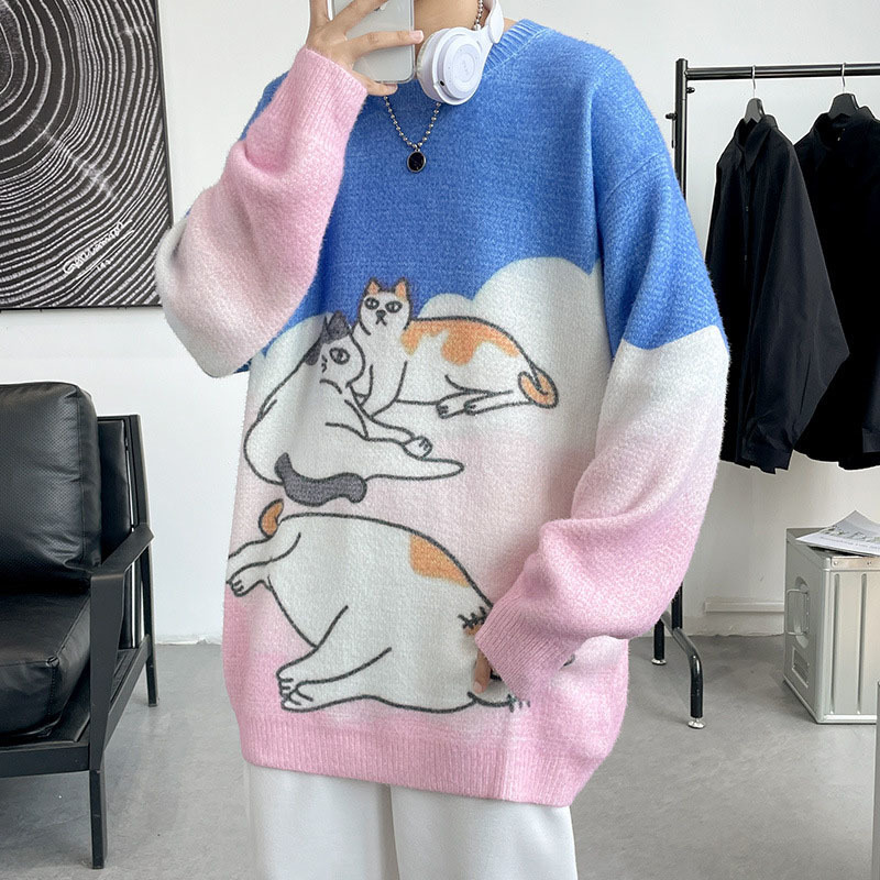 Men's Sweaters Oversized Knitted Mens Harajuku Abstract Pet Cat Pattern Printed Patchwork Jumpers Winter Casual O-Neck Pullover Unisex 220930