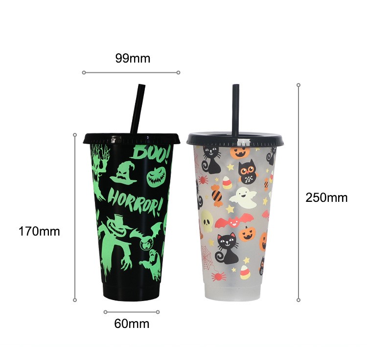 2022 Creative Drinkware Cold Color-changing Plastic Cups Halloween Decoration Juice Cup With Lid and Straw DH84