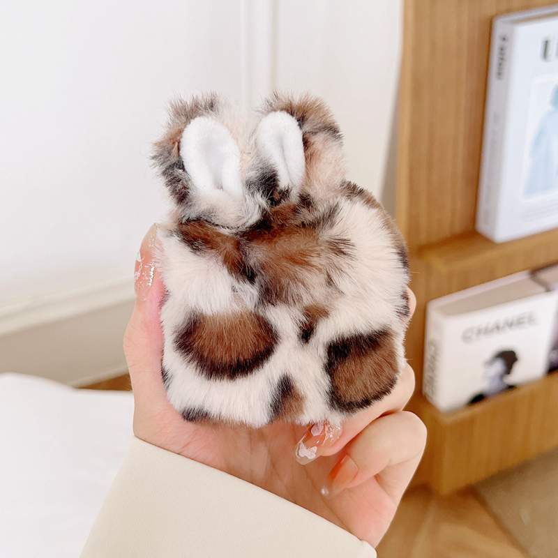 3D Rabbit Ear Fluffy Cases For Airpod 3 1 2 2gen Air pods 3gen Airpods Pro Earphone Protector Fashion PC Hard Animal Lovely Hair Fur Leopard Genuine Warm Winter Covers