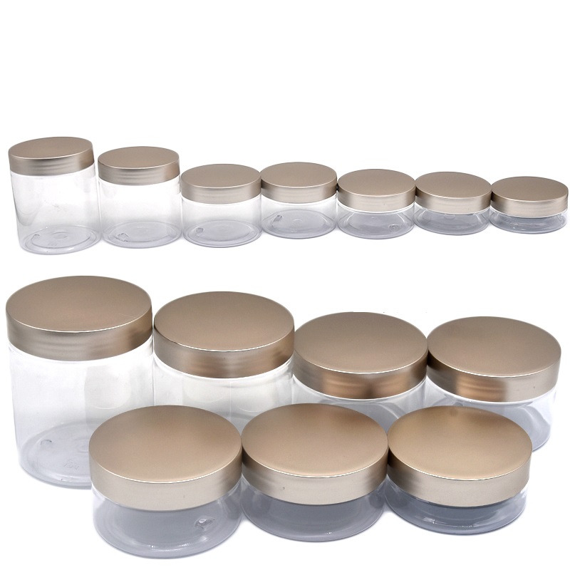 Clear PET Skincare Cream Empty Bottle Cosmetic Packaging Pot Plastic Gold Silver Rose Gold Screw Lid Dia.68mm Refillable Jar 50ml 80ml 100ml 120ml 150ml 200ml 250ml