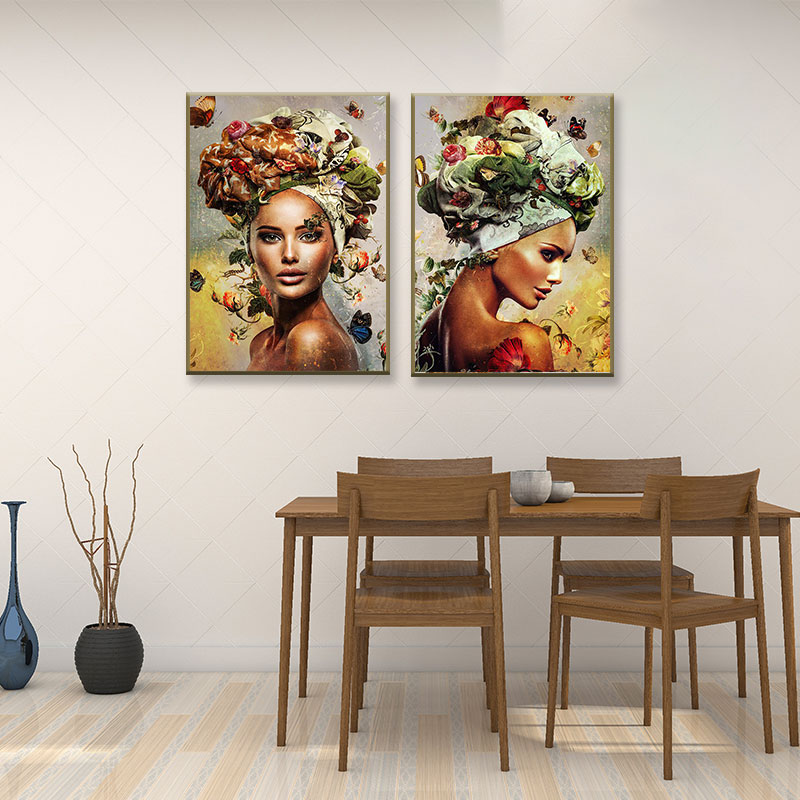 Póster e impresiones de flores multicolores con cabeza de mujer abstracta, pintura en lienzo de mujer moderna nórdica para decoración de sala de estar