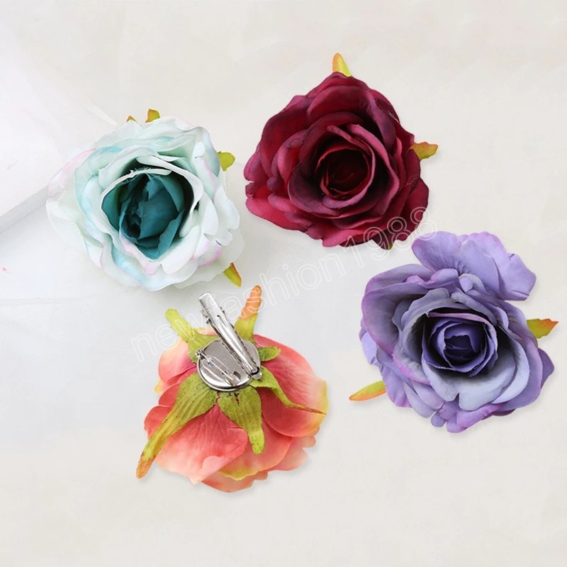 Rom￢ntico Silk Artificial Rose Flor Barrettes rox