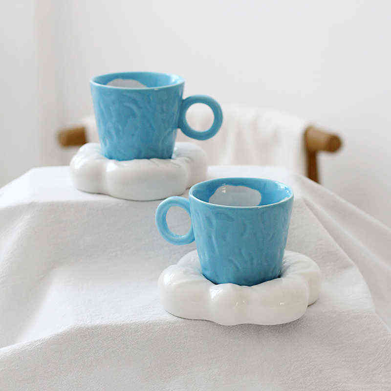 Creativo dipinto a mano cielo blu nuvola bianca tazza e piattino tazza da caffè fatta a mano in ceramica con piatto carino tazza da tè set regalo decorazioni la casa T220810
