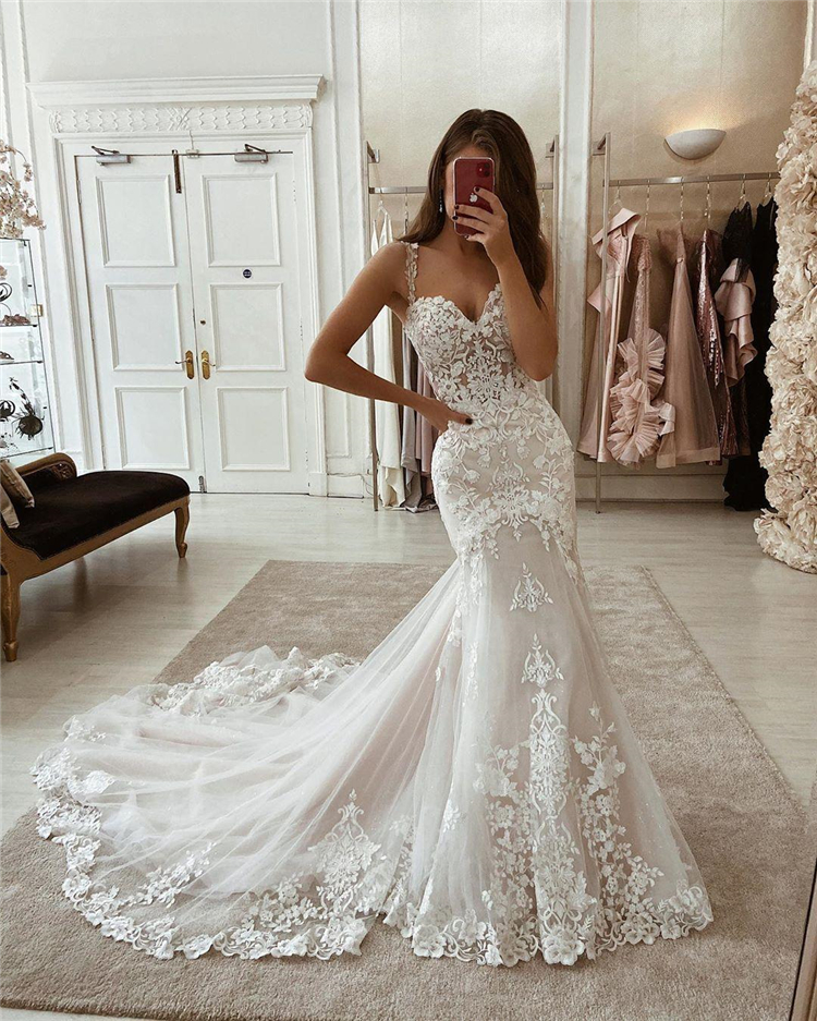 Nuovi abiti da sposa a sirena in pizzo Sweetheart senza spalline Appliques in tulle Corte dei treni Abiti da sposa da spiaggia estivi