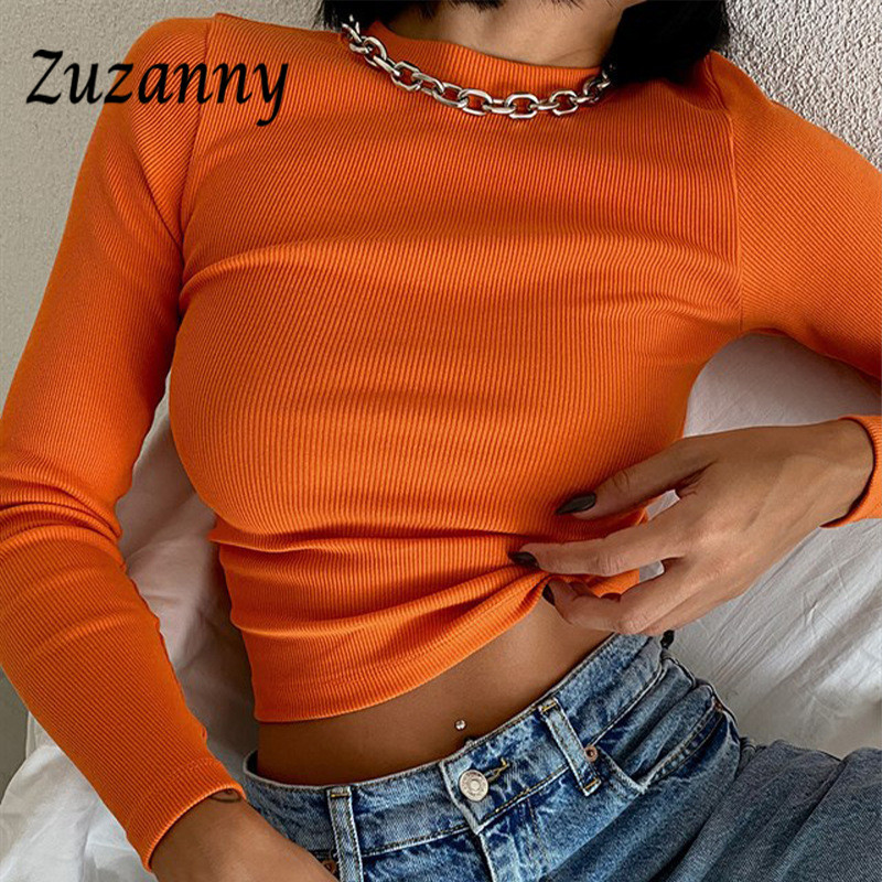 Zuzanny O Hals Langarm Shirt Frauen gerippte sexy geschnittene Tops Frühling schwarz lässiger dünne schlanke grundlegende Frau T -Shirts Weiß 220811