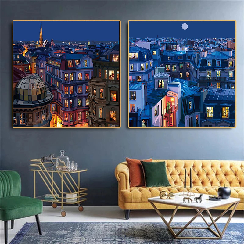 Vintage Modern Canvas Painting Pierpaolo Rovero Posters City Night View Prints Wall Art Pictures Room Home Wall Decor Cuadros