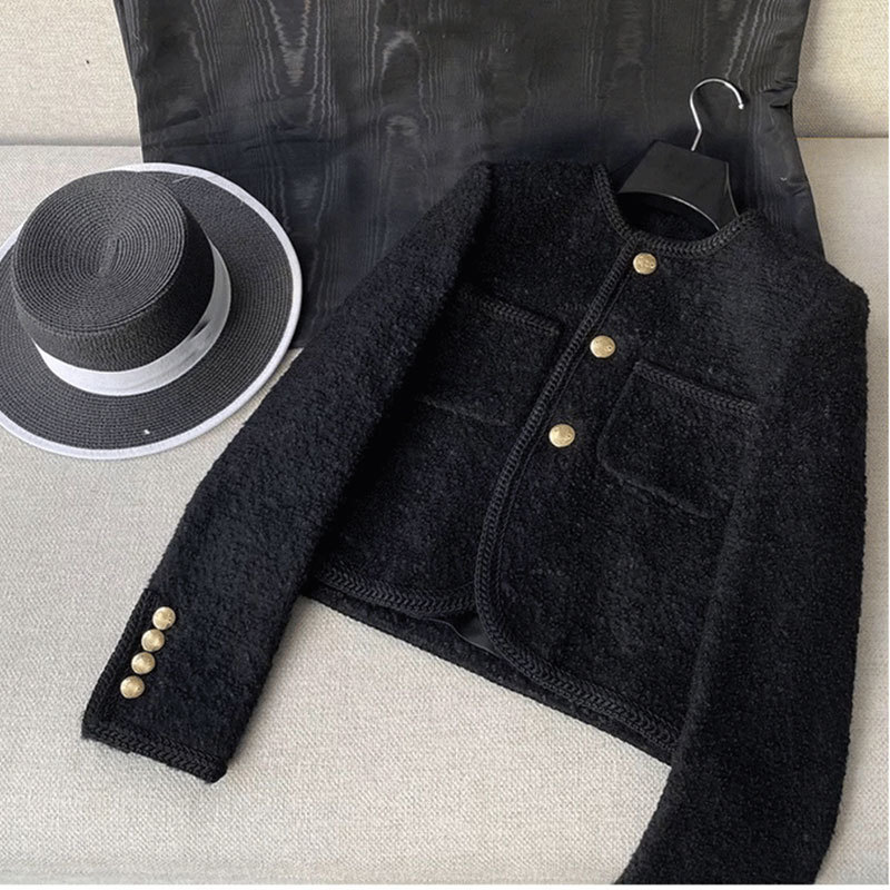 Высококачественные женские модные куртки черные твиды два кармана Золотые пуговицы элегантные пальто весенняя осень Женская одежда 220811