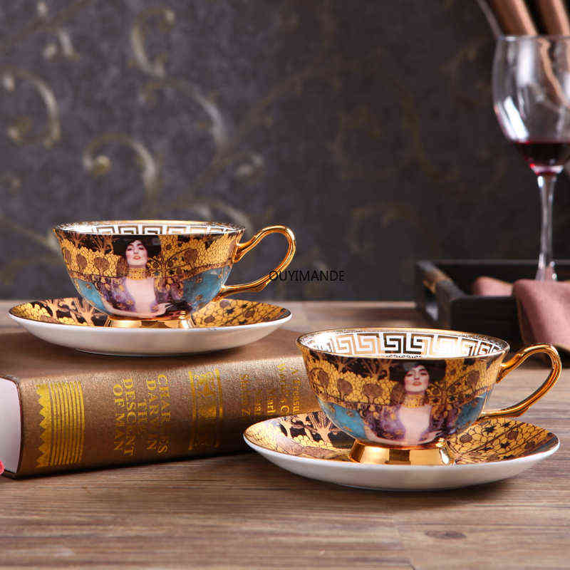 Kaffeetassen-Set, Gustav Klimt, Knochen, chinesisches Keramik-Tee-Set, Klimt-Kuss, Luxus-Geschenk, Porzellan-Trinkset, Teetasse und Untertasse, T220810249u