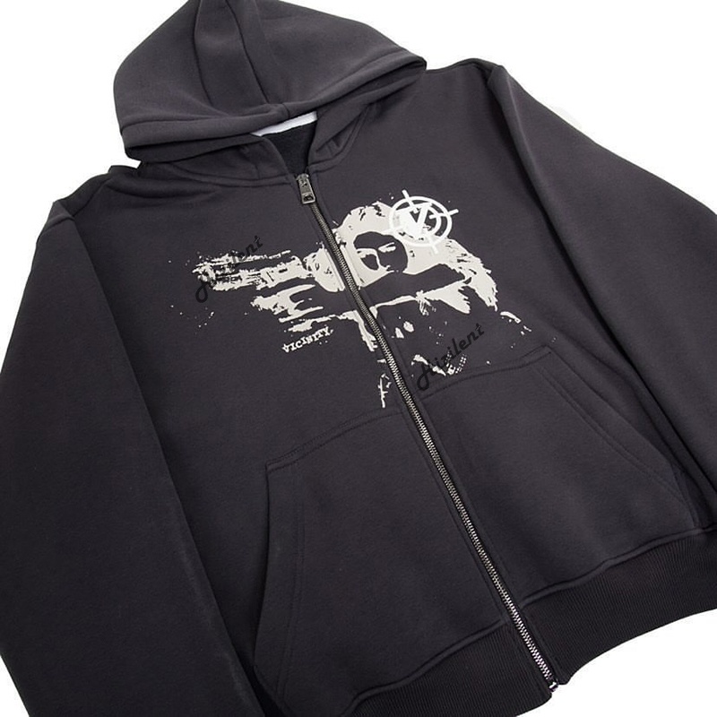 Anime baskı gotik sokak kıyafeti uzun kollu siyah zip kapüşon y2k grunge kıyafetler sweatshirt Kore moda punk spor ceket kazak 220810