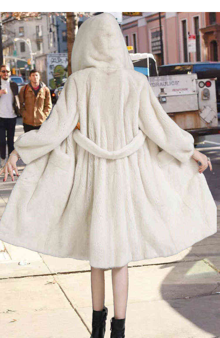 Hooded fur women's 2022 winter fashion new plus size long belt high-end warm parker pure color mink white coat T220810