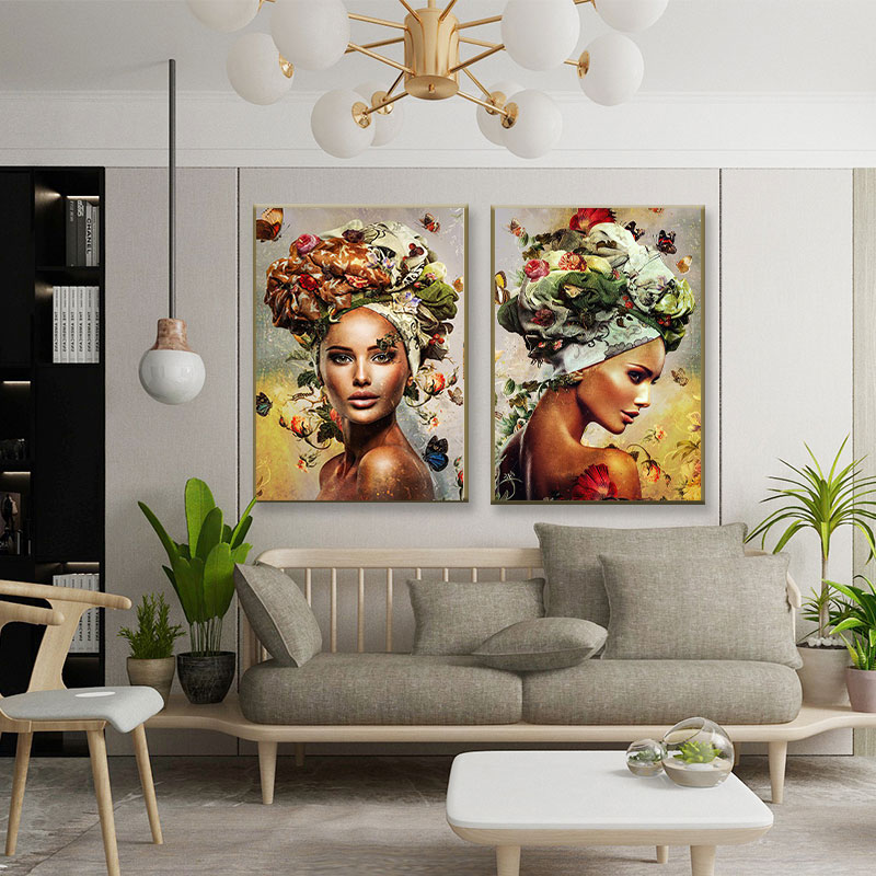 Póster e impresiones de flores multicolores con cabeza de mujer abstracta, pintura en lienzo de mujer moderna nórdica para decoración de sala de estar