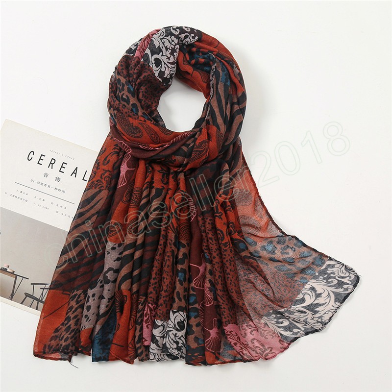 Autumn Fashion Leopard Floral Viscose Shawl Scarf Women High Quality Print Soft Pashmina Wrap Snood Muslim Hijab 180x85cm