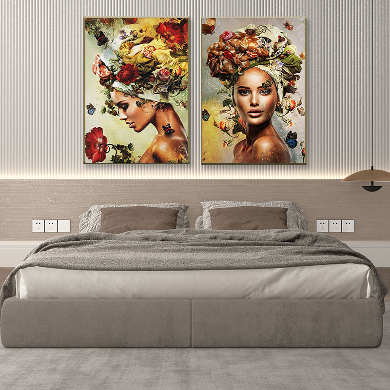 Póster e impresiones de flores multicolores con cabeza de mujer abstracta, pintura en lienzo de mujer moderna nórdica para decoración de sala de estar