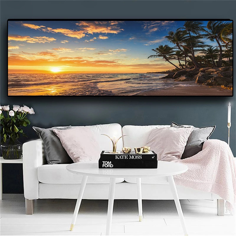 Póster de pintura en lienzo de paisaje, puesta de sol, playa, árbol, paisaje marino, pintura impresa, sala de estar, isla Tropical, amanecer, imágenes, arte de pared