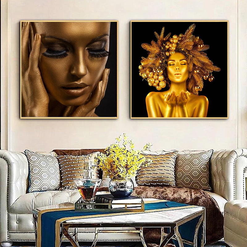 Black Gold Woman Canvas pinturas para a sala de estar Arte da parede Sexy Nude africano Cuadros Posters e impressões Arte Picture Decor