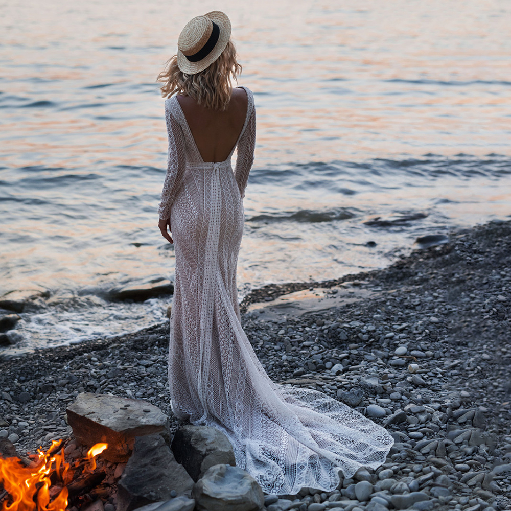 Découpe Lace Bohemian Robe de mariée 2022 Backless Beach Boho Crochet Lace Sirène Robes de mariée