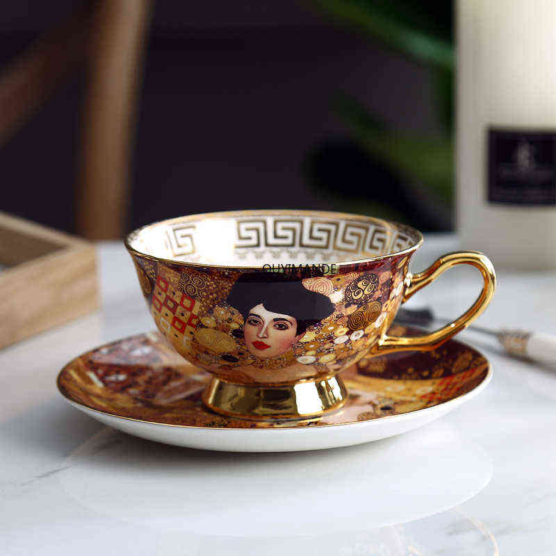 Kaffeetassen-Set, Gustav Klimt, Knochen, chinesisches Keramik-Tee-Set, Klimt-Kuss, Luxus-Geschenk, Porzellan-Trinkset, Teetasse und Untertasse, T220810249u