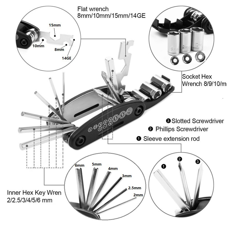 Multi 15 in 1 Uso Bici Kit di strumenti la riparazione di biciclette Pinze Chiave esagonale Dado Pneumatico Chiave a brugola esagonale Cacciavite Presa Asta di prolunga