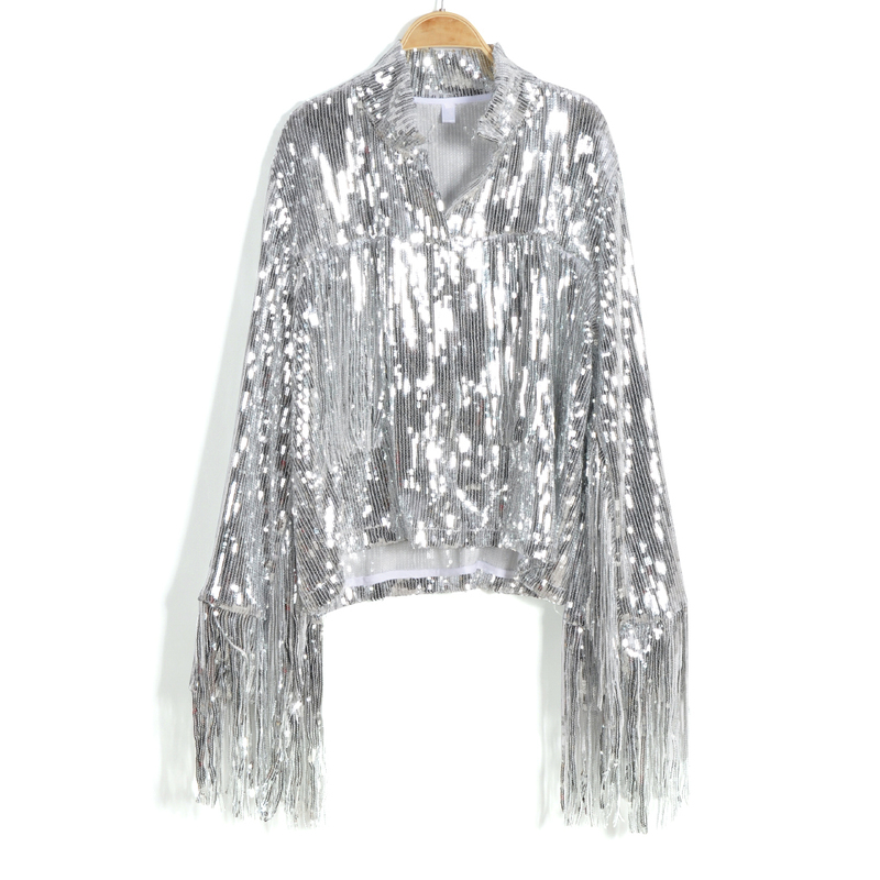 Kvinnorjackor Performance Tassel Retro LongSleeved Silver Reflective Jacket Women Outwear Tops Sequin Coat Womens 220811