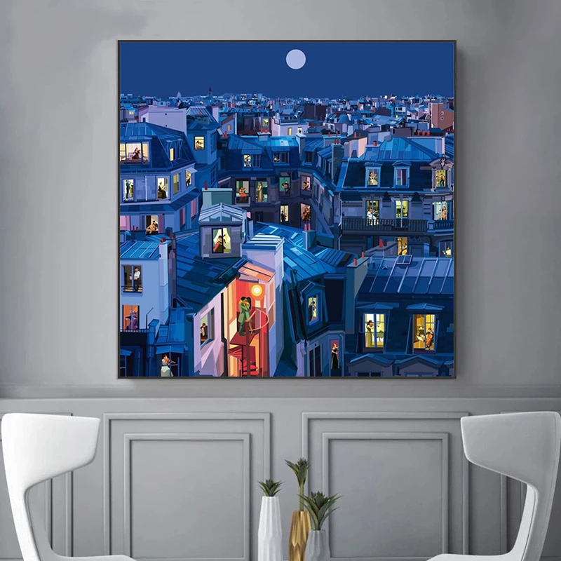 Vintage Modern Canvas Painting Pierpaolo Rovero Posters City Night View Prints Wall Art Pictures Room Home Wall Decor Cuadros