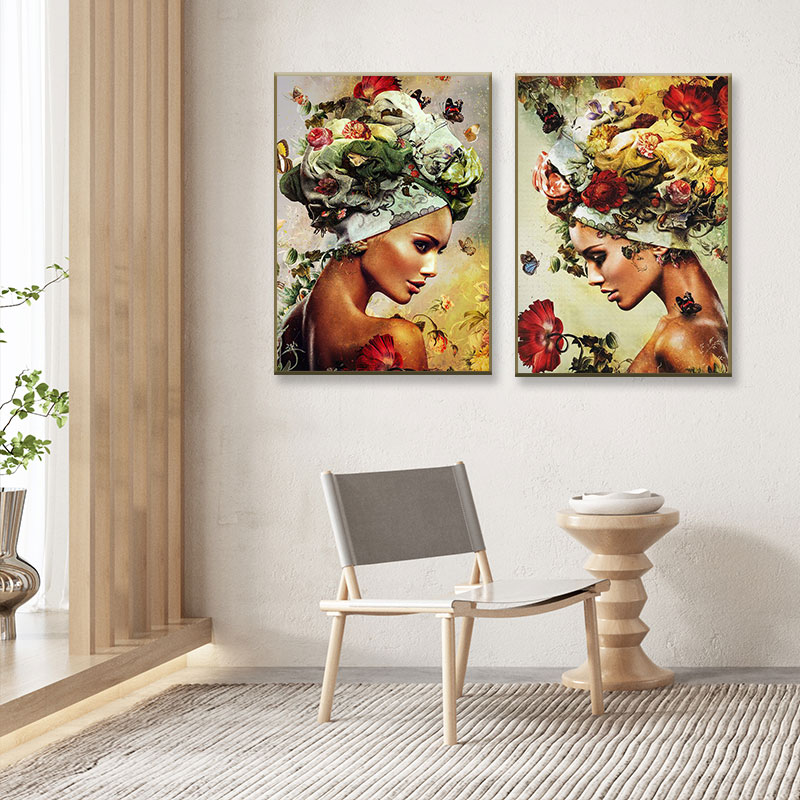 Póster e impresiones de flores multicolores con cabeza de mujer abstracta, pintura en lienzo de mujer moderna nórdica para decoración de sala de estar