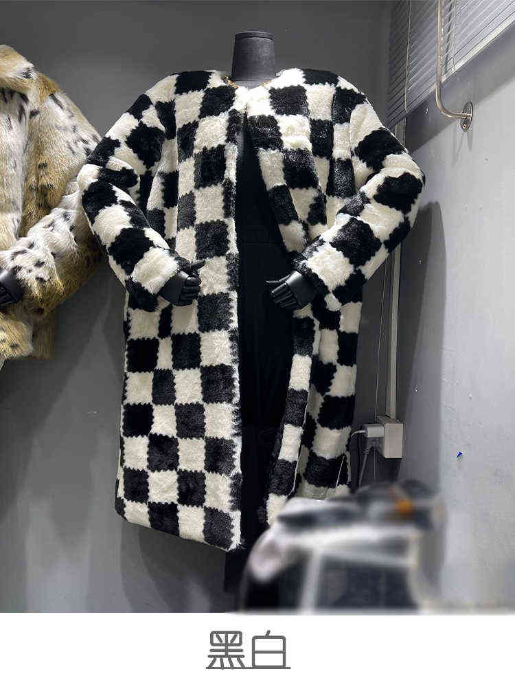 2021 New Women's Black White Checkerboard Mönster X-Long Faux Päls Overcoat Warm Outwear O-Neck M219 T220810