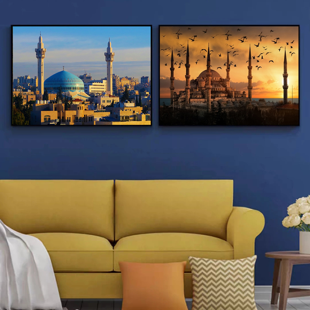 Gebäude Wandkunst Poster Muslimische Moschee Sonnenuntergang Druck Leinwand Gemälde Poster Islamische Kunst Realistische Landschaft Wohnkultur Cuadros