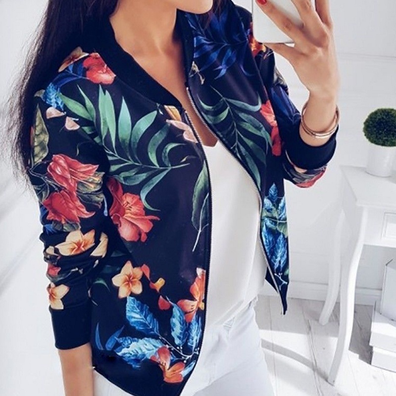 Femmes vestes florales printemps été fermeture éclair manches longues imprimé Bomber veste poche décontractée mince femme mode outwear grande taille 220811