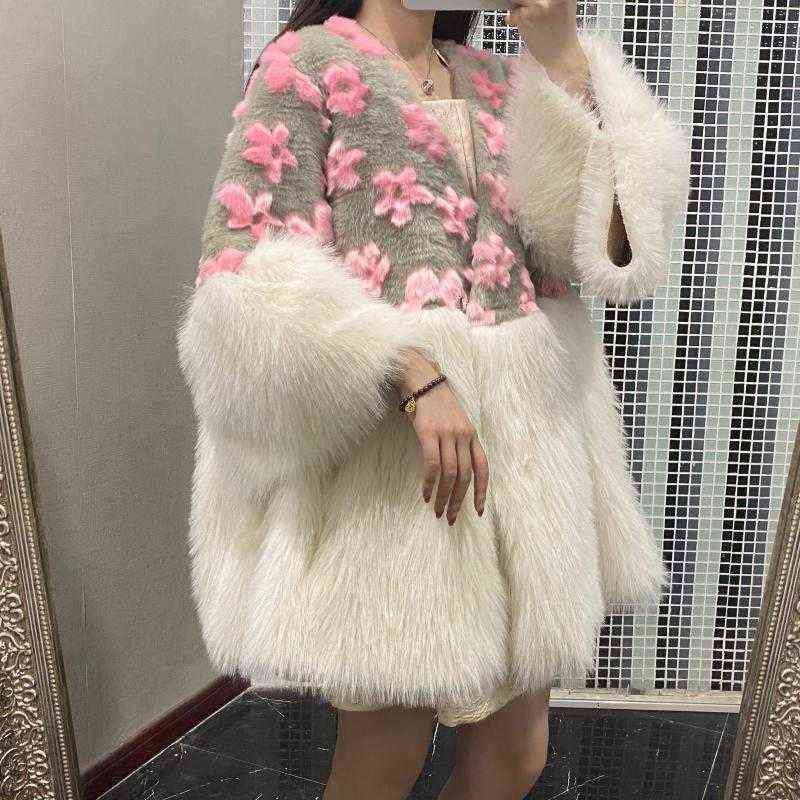 2021 Autumn Winter Imitation Tuscan Lamb Wool Composite One-Piece Coat Women's Mid-Length Flower Contrast Color Loose Faux Fur T220810